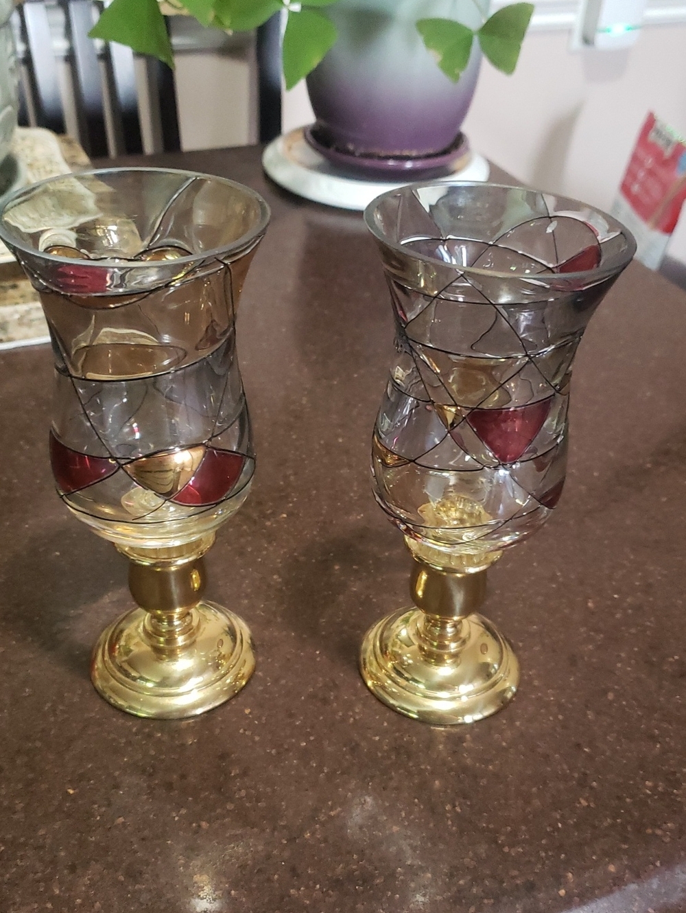 2 X Partylite Mosaic Calypso Peglight 5" with Solid Brass Tapered Candle Holders
